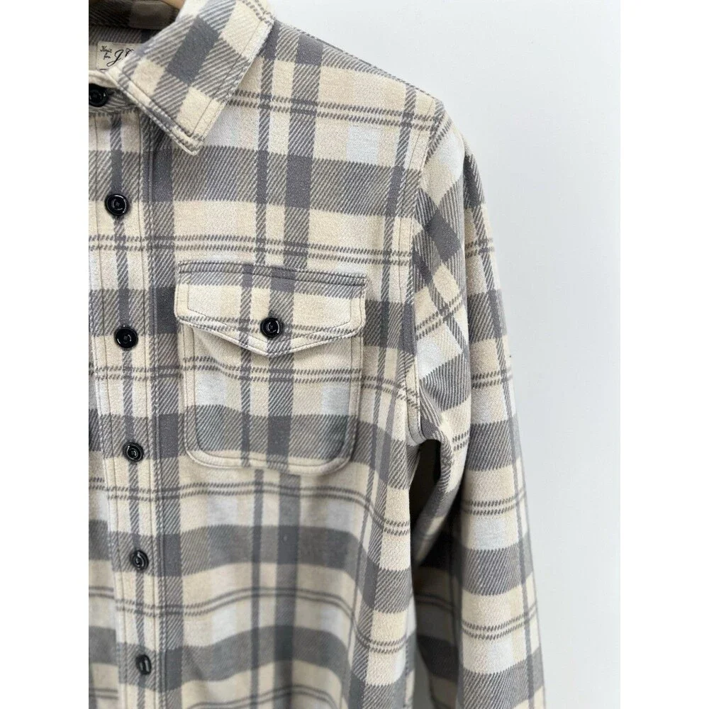 J.Crew Shirt Mens Medium Beige Gray Plaid Flannel Long Sleeve Button Front